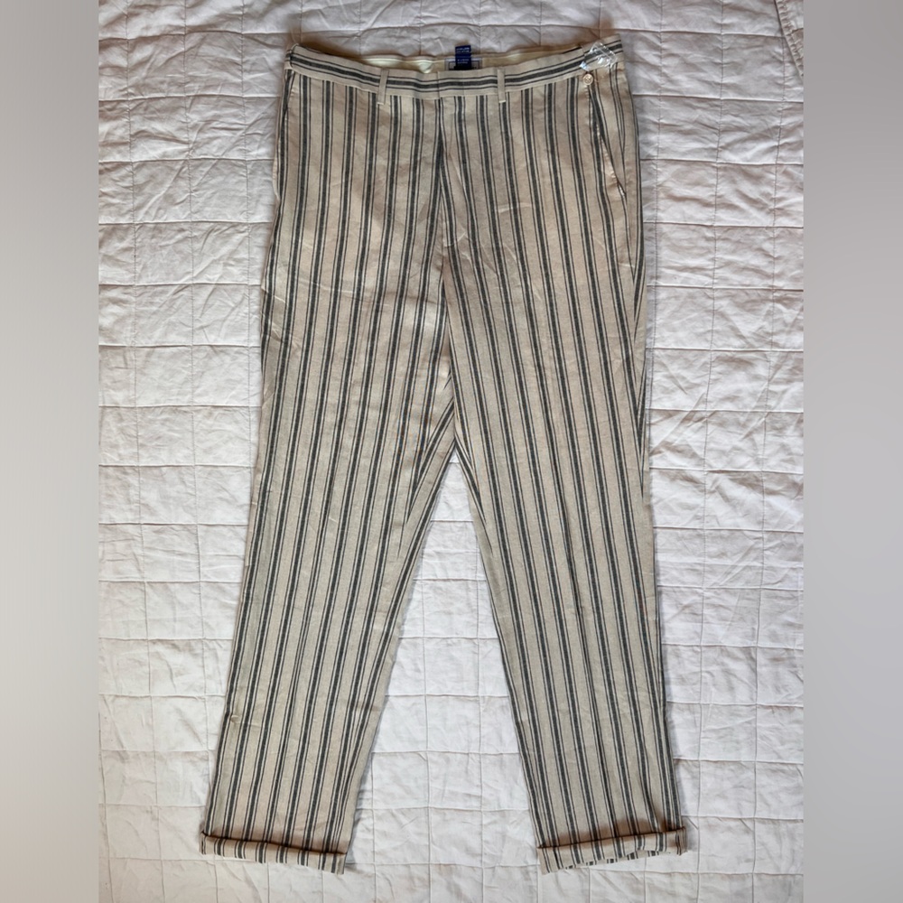 Kings Court Linen Cream & Grey Vertical Stripe Dress Pants - Men's 40X40 Tall